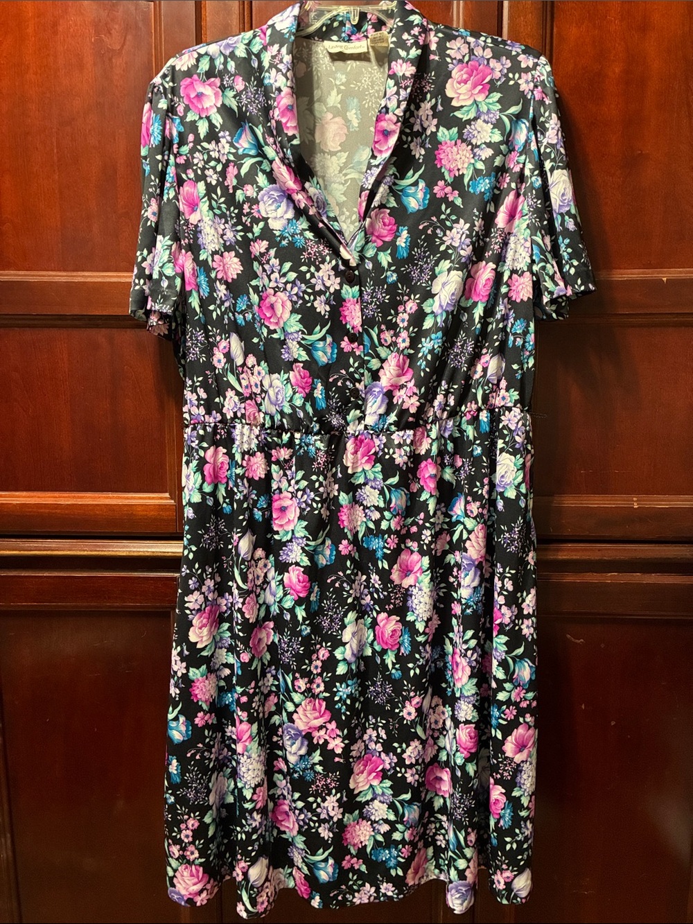 Vintage plus size Floral Black Short-Sleeve Shirt Dress - Pink & Teal Floral